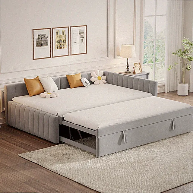 Full Size L-Shaped Upholstered Daybed Corner Sofa Bed W/Twin Size Pop Up Trundle