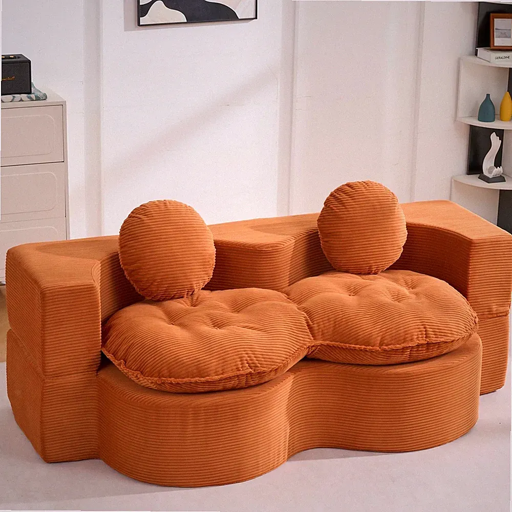 Full Size Sofa Bed Orange Corduroy Folding Futon Compressed Modular Couch for