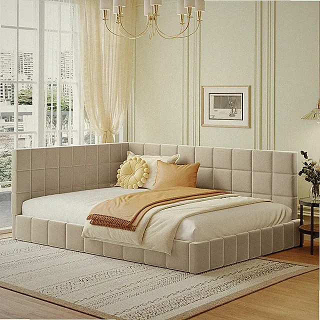 Full Size Upholstered Daybed Sofa Bed Velvet Platform Bed Wood Frame Beige NEW