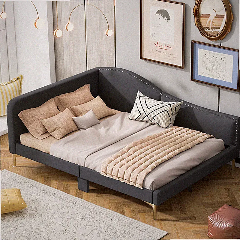 Full Size Upholstered Daybed w/Headboard & Armrest Linen Sofa Bed Frames,Grey