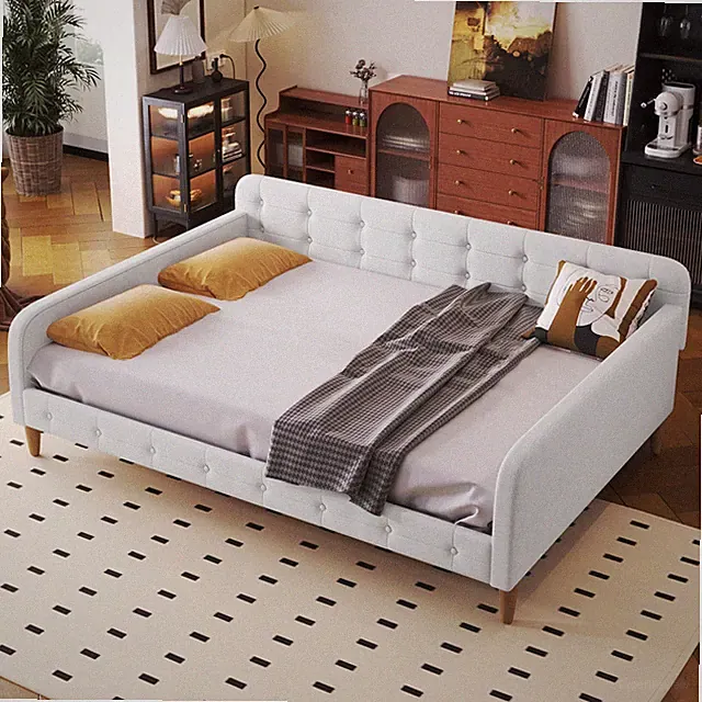Full Size Upholstered Daybed with 4 Support Legs,Beige