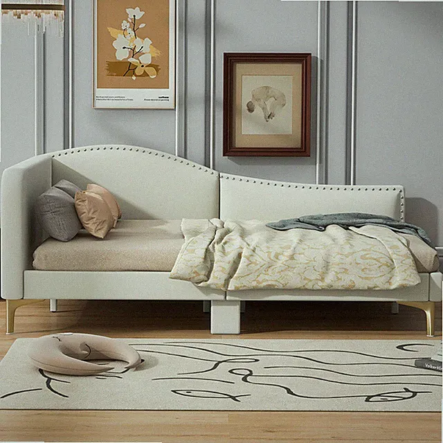 Full Size Upholstered Daybed with Headboard & Armrest Linen Sofa Bed Frame,Beige