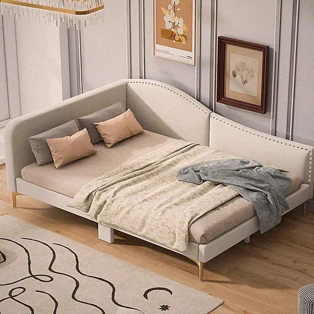 Full Size Upholstered Daybed with Headboard & Armrest Linen Sofa Bed Frames