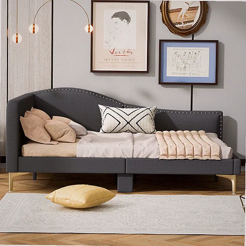 Full Size Upholstered Daybed with Headboard & Armrest Linen Sofa Bed Frames