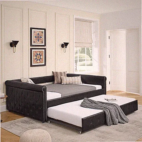 Full Size Upholstered Daybed with Trundle Sofa Bed Guest Bed Bedroom Living Room