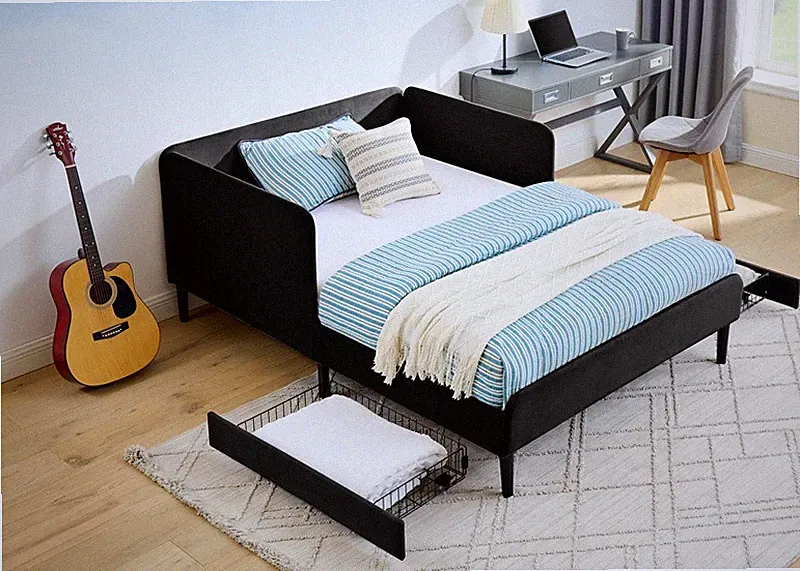Full Size Upholstered Platform Bed Frame w/2 Drawers,Adjustable Sofa Bed Black