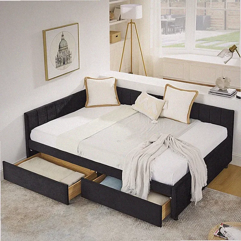 Full Size Upholstered Sofa Bed w/Comfort Backrest & Armrests and 2 Drawers,Black