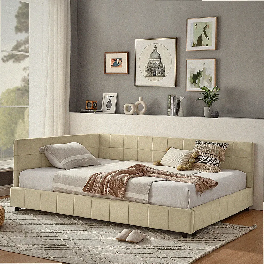 Full Size Upholstered Tufted Bed Frame, Sofa Bed Frame with Comfortable Backres