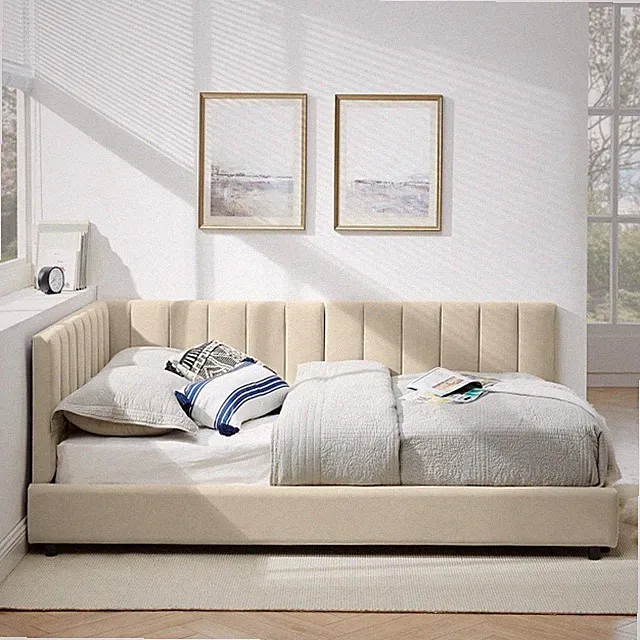 Full Size Upholstered Tufted Bed w/Comfor Backrest Armrests Sofa Bed Frame