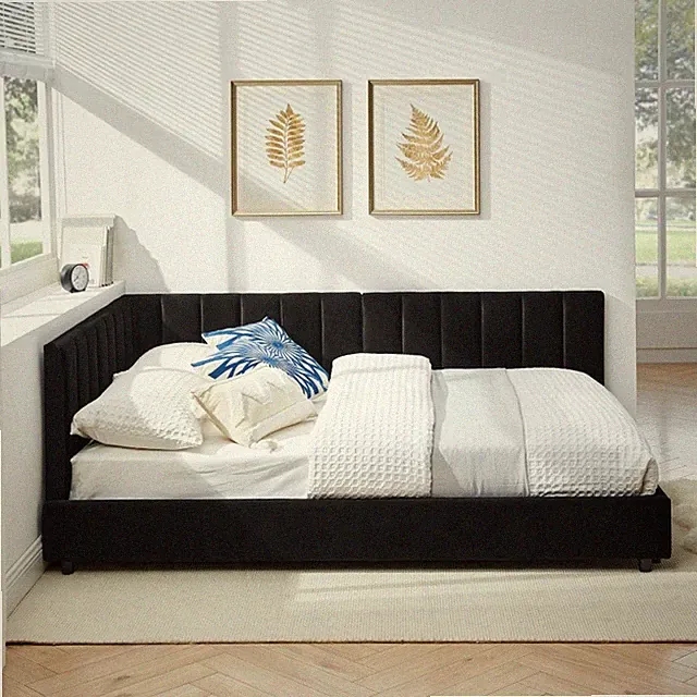 Full Size Upholstered Tufted Bed w/Comfor Backrest Armrests Sofa Bed Frame Black