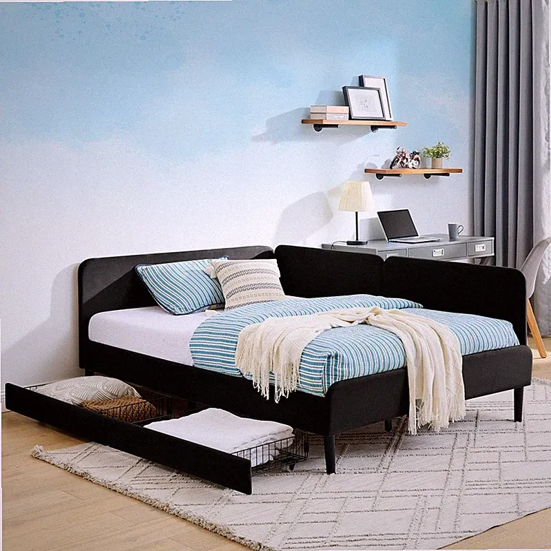 Full Size Velvet Upholstered Bed Frame Adjustable Sofa Bed with 2 Drawers,Black
