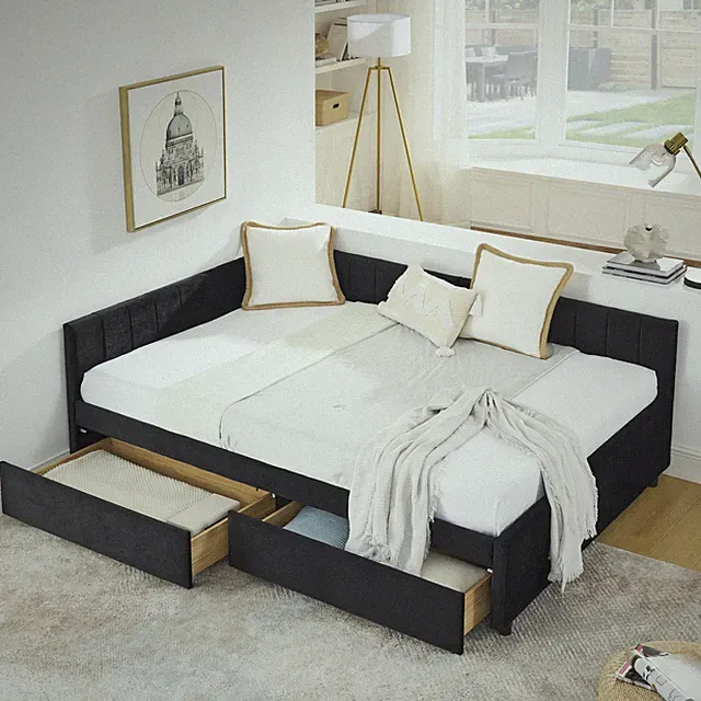 Full Size Velvet Upholstered Tufted Bed Frame Sofa Bed Daybed W/ 2 Drawers Black