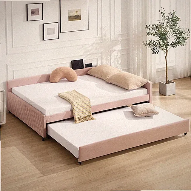 Full/Twin Daybed with Trundle Upholstered Frame Diamond Tufted Guest Bedroom