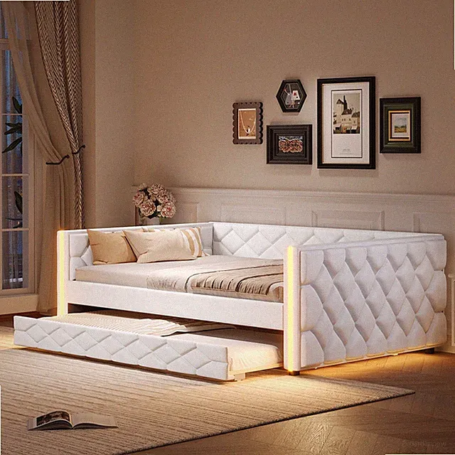 Full XL Size Leather Upholstered Wood Daybed Platform Bed with Trundle&LED White