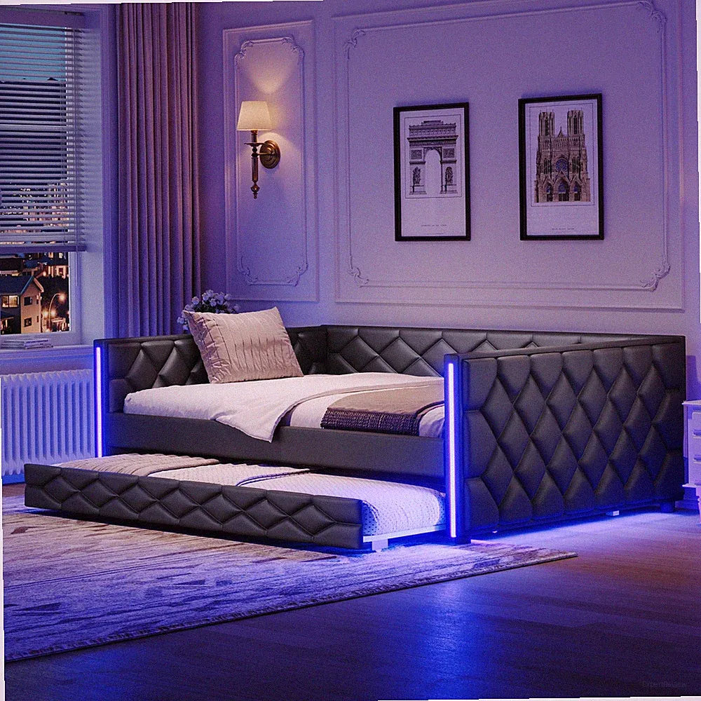 Full XL Size PU Leather Upholstered Daybed Sofa Bed with Trundle /LED Black