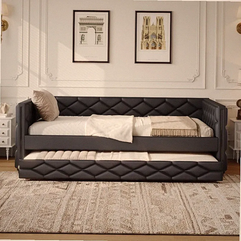 Full XL Size Upholstered Daybed w/Trundle and LED Armrests Functional Sofa Bed