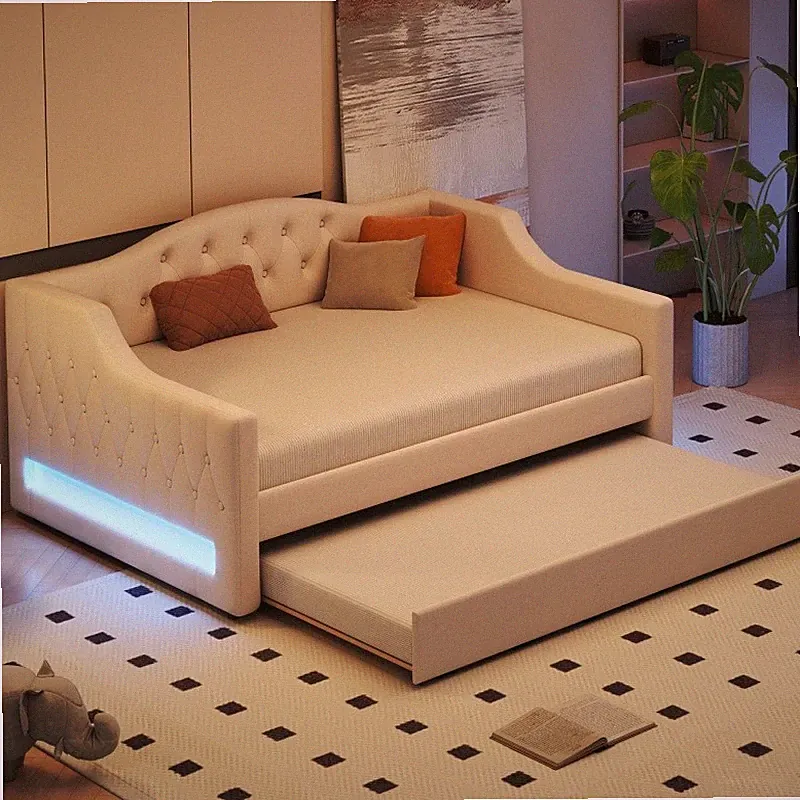 Full XL Size Upholstered Daybed with LED Belt and Trundle Wood Sofa Bed Frame