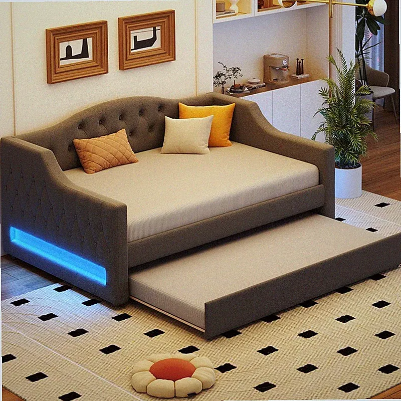 Full XL Size Upholstered Daybed with LED Belt and Trundle Wood Sofa Bed Frame