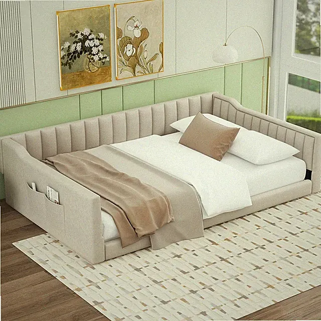 Full XL Size Upholstery Daybed w/Side Storage Pocket Modern Velvet Sofe Bed