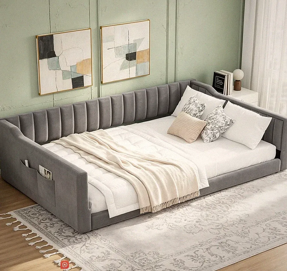 Full XL Upholstered Daybed with Side Storage Pocket, Floor Corner Bed, Upholster