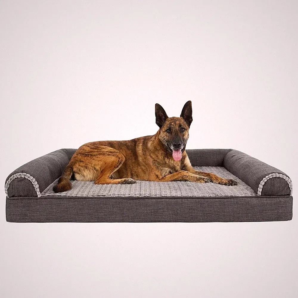 FurHaven Luxe Fur & Performance Linen Full Support Sofa Bed Jumbo Plus, Charcoal