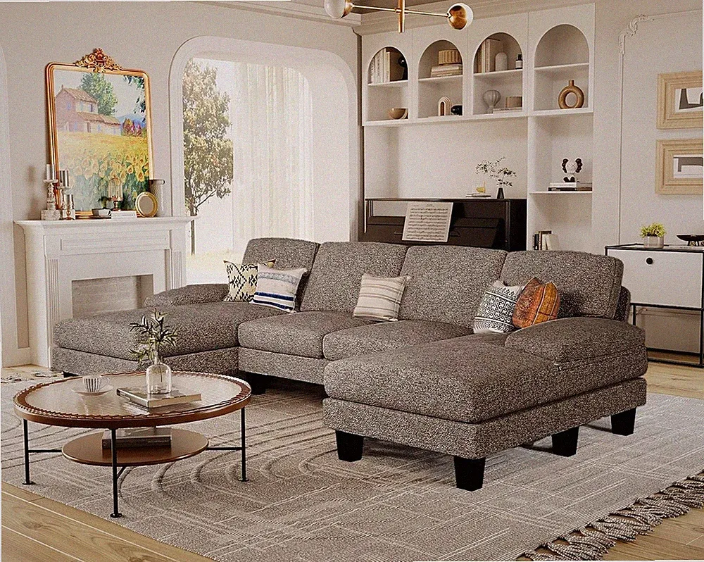 Furmax U Shaped Sectional Sofa 4 Seat Double Chaise Linen Pearl Gray