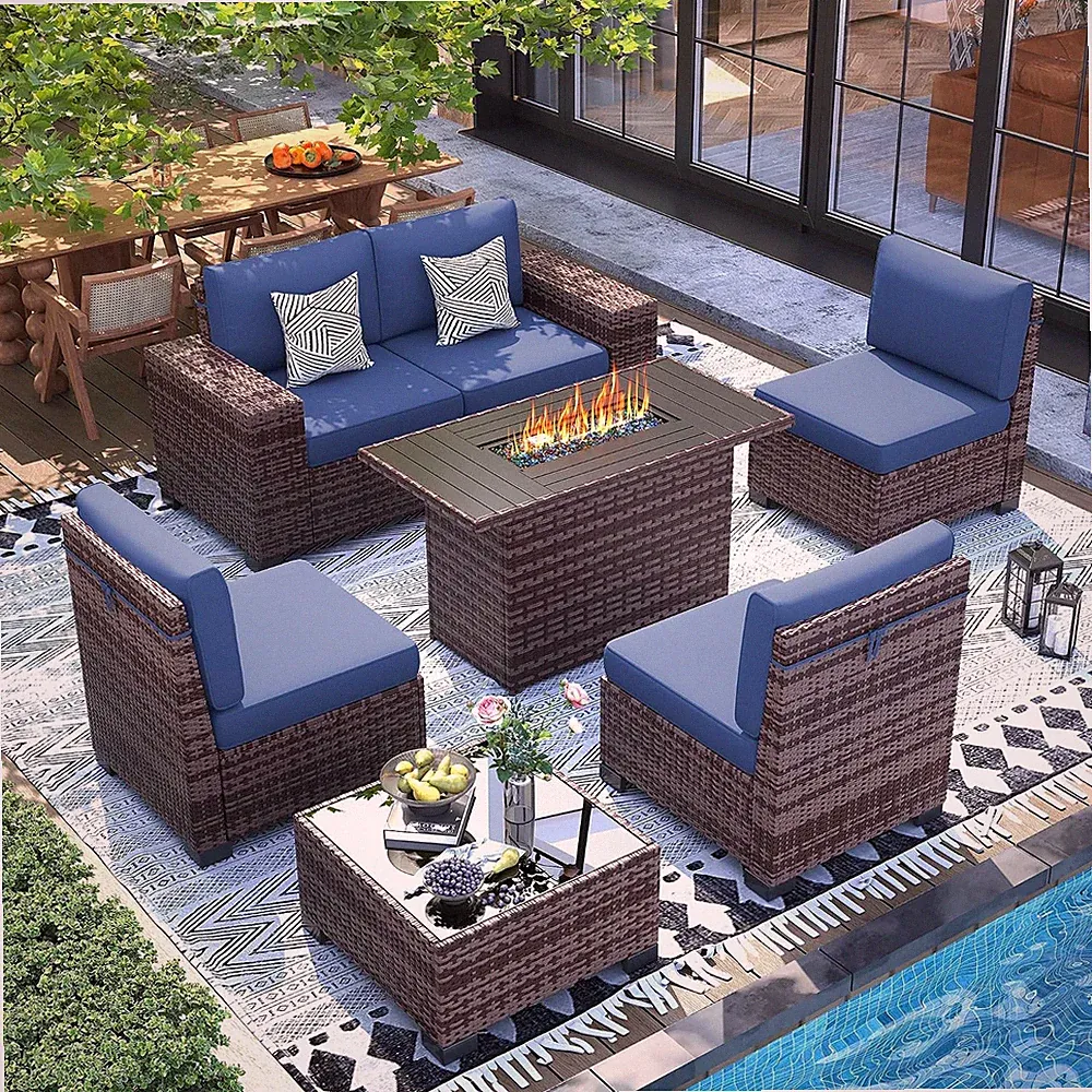 Furniture Set with Fire Pit Table, 8 Inch Wide Armrest 7 Piece Sectional Sofas