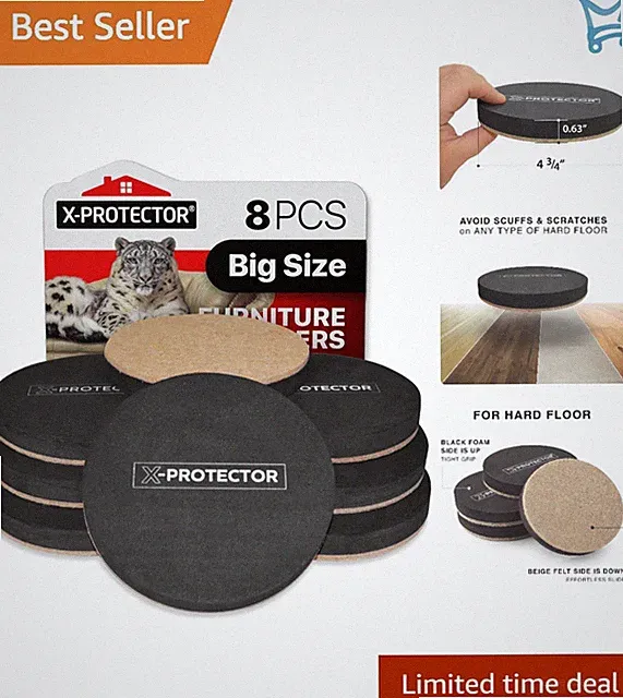 Furniture Sliders Felt 8 pcs 4 3/4 inch Heavy Duty Move Safely on Hardwood
