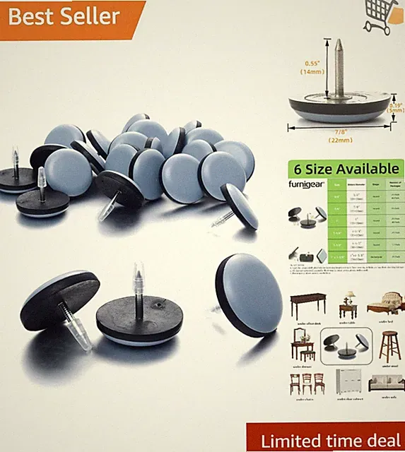 Furniture Sliders Teflon Nail in Carpet Glides 0.88 Inch Pack of 24 Floor Pro...