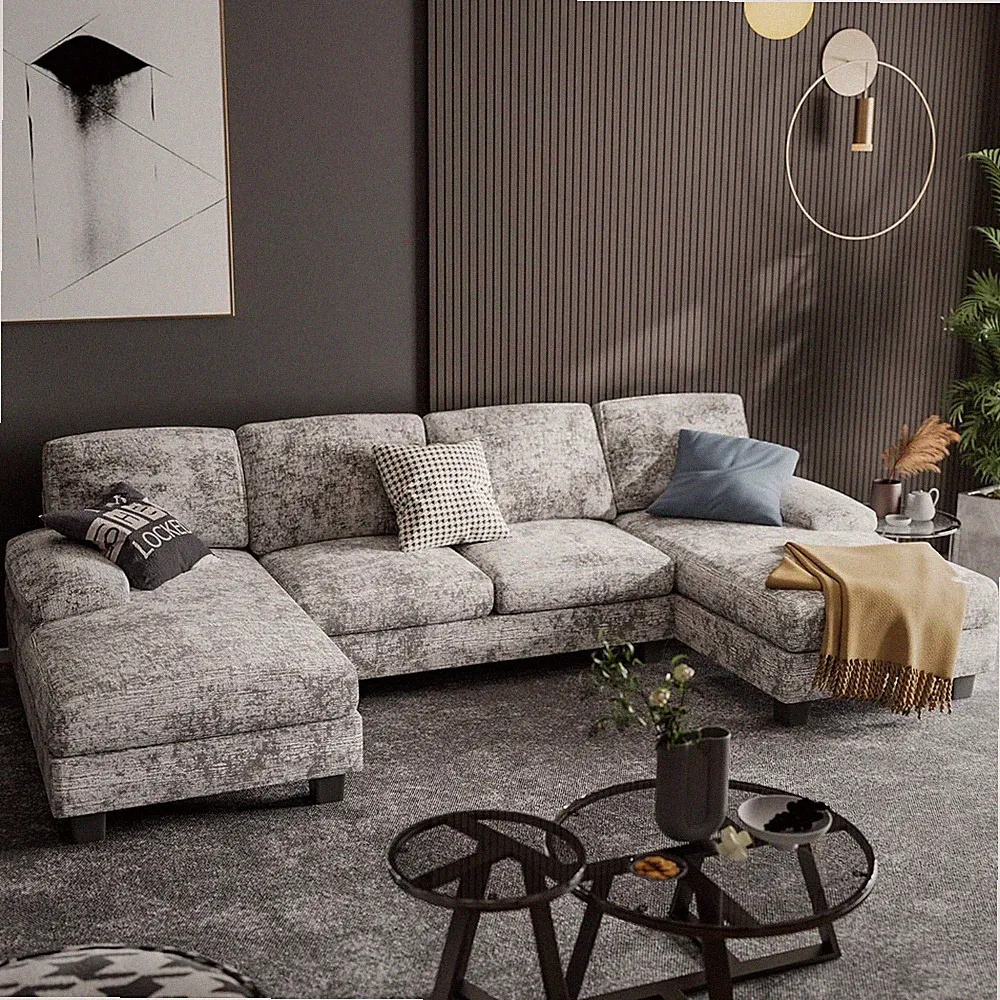 Furniwell Convertible Sectional Sofa Couch, 4 Seat Sofa Set for Living Room