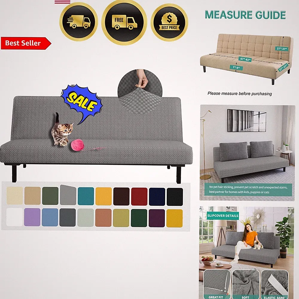Futon Cover Slipcover Sofa Bed Protector Elastic Jacquard Checkered Grey