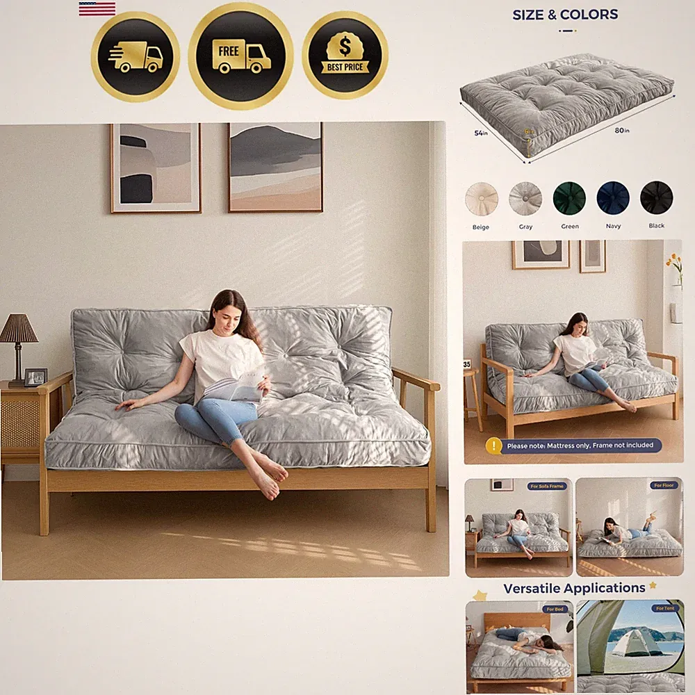 Futon Mattress Full Size Velvet Thick Floor Couch Bed Sofa Support Comfort