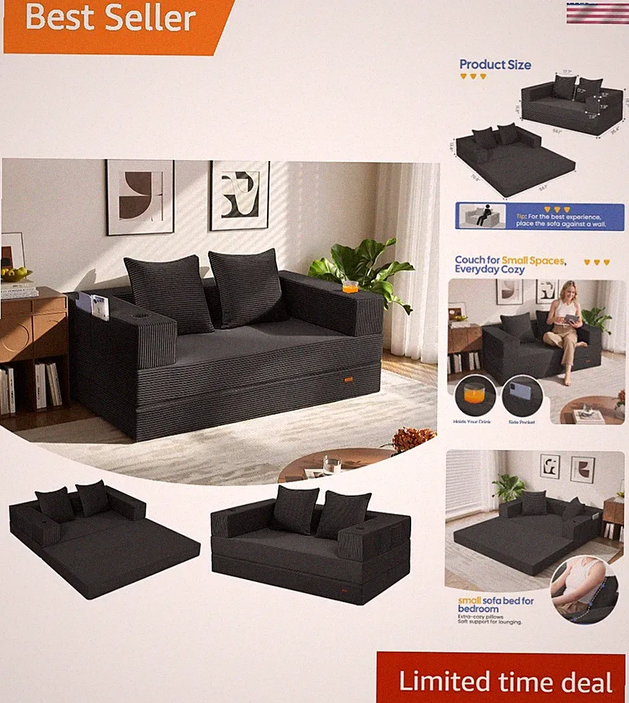 Futon Sofa Bed, 4‑in‑1 Convertible Sofa Bed, Folding Boneless Couches for Liv...