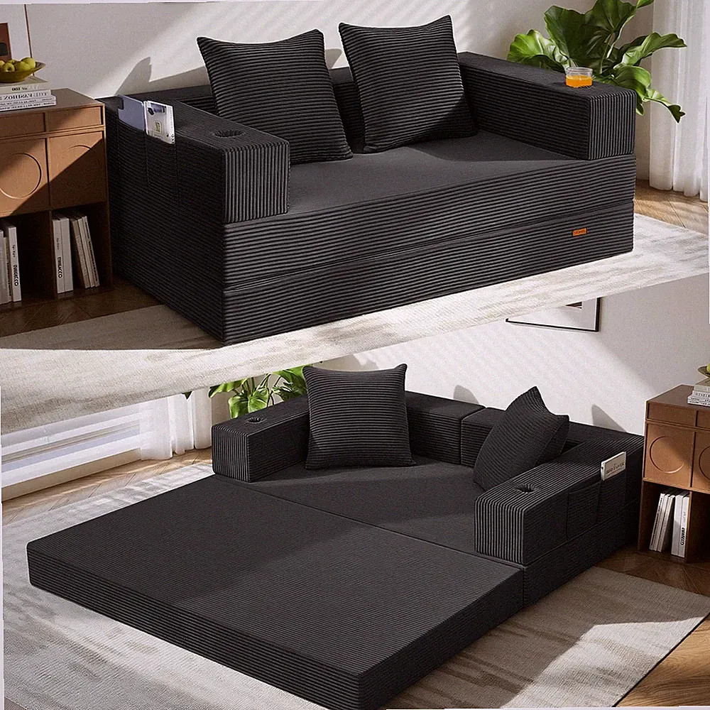 Futon Sofa Bed, 4‑in‑1 Convertible Sofa Bed, Folding Boneless Couches for Liv...