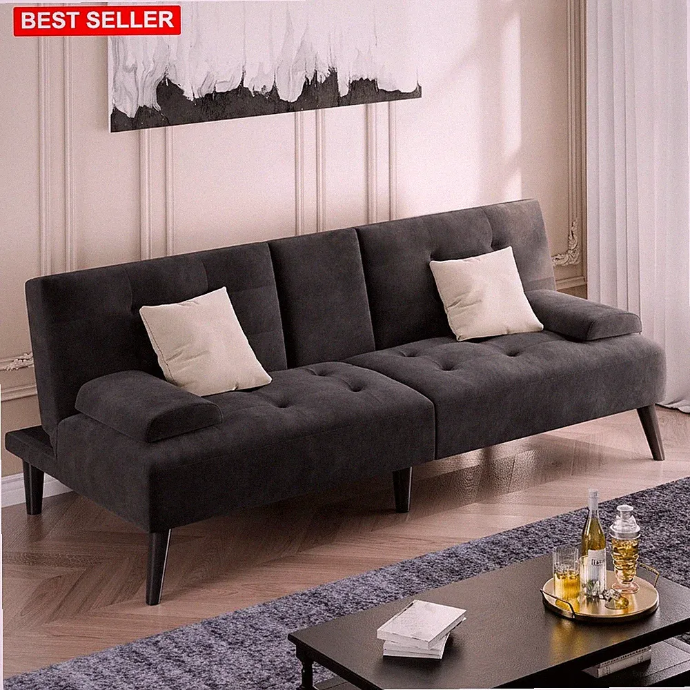 Futon Sofa Bed 64 In Velvet Foldable Couch Reclining Sleeper Upholstered Love...