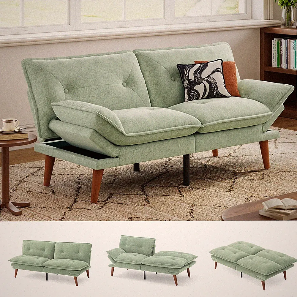 Futon Sofa Bed, 70" Chenille Futon Couch with Adjustable Backrest Armrest, 3...