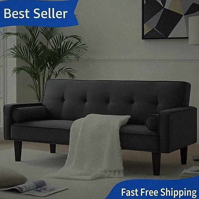 Futon Sofa Bed 72" Gray Linen Upholstered Folding Futon Sofa Couch Modern Sofa