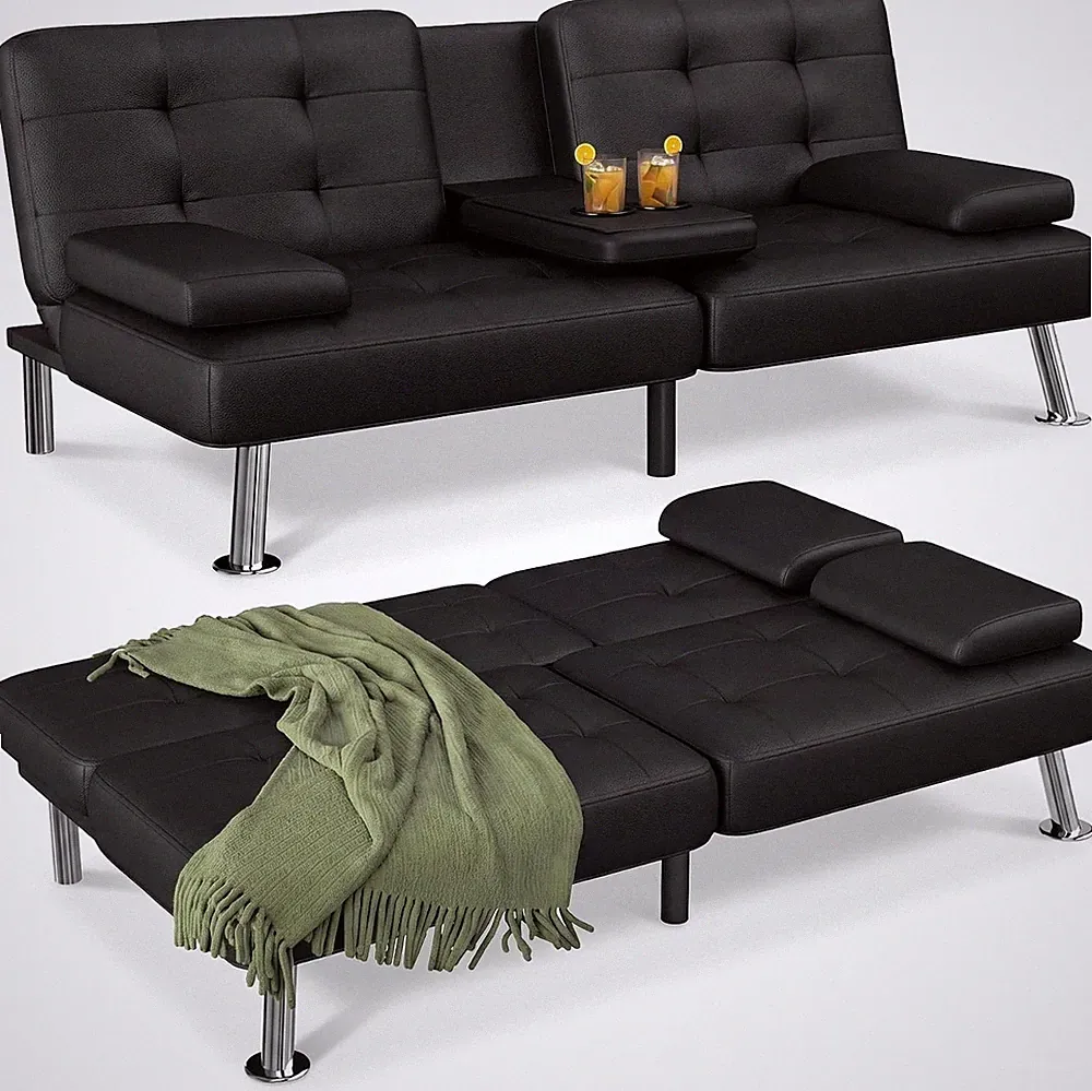 Futon Sofa Bed Black Faux Leather Convertible Loveseat Couch | Modern