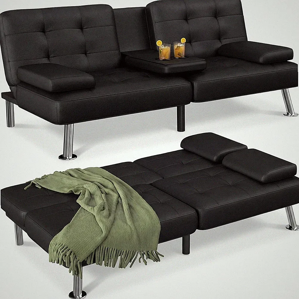 Futon Sofa Bed Black Faux Leather Convertible Loveseat Couch | Modern