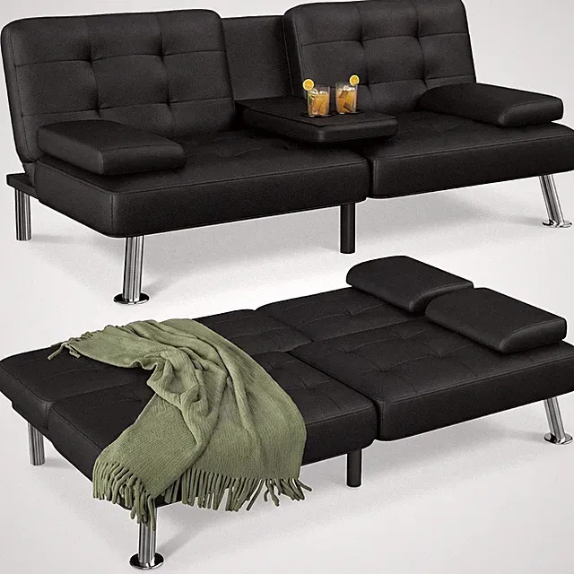 Futon Sofa Bed Black Faux Leather Convertible Loveseat Couch Modern Adjustable