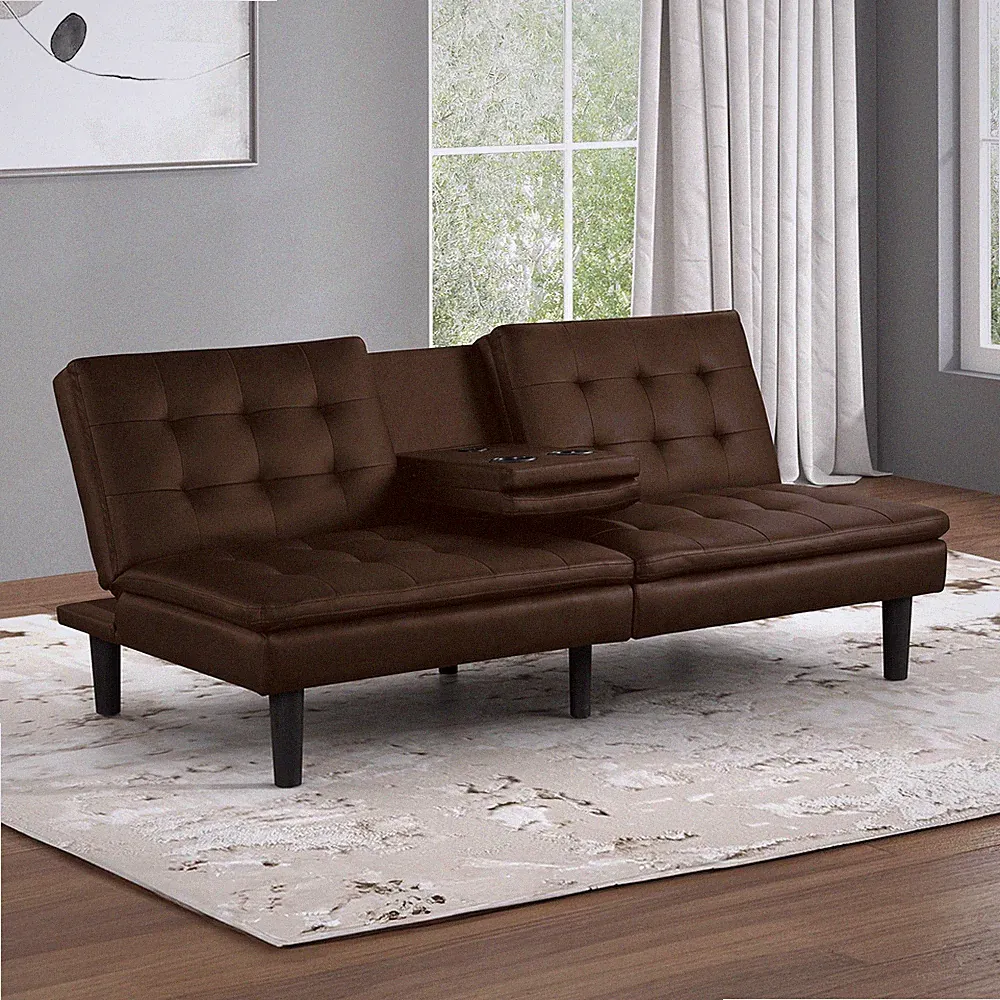 Futon Sofa Bed Contemporary Style Brown Finish Convert Into Bed Biscuit Tufting