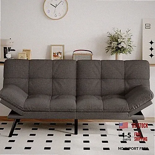 Futon Sofa Bed Convertible Couch, Grey Linen Sofa Bed with A1 | Dark Grey