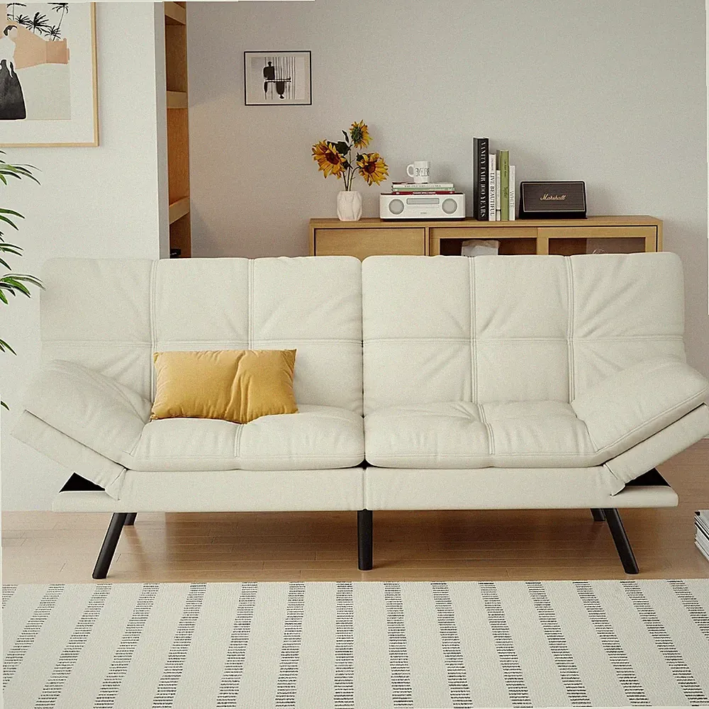 Futon Sofa Bed Convertible Couch White Faux Leather Sofa Bed with Memory Foam