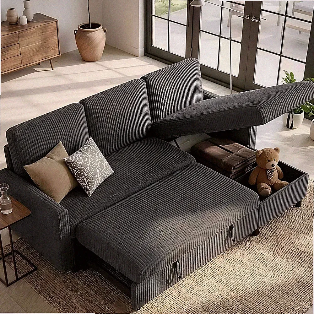 Futon Sofa Bed Convertible Couches L Shaped, 4‑In‑1 Sectional Sleeper Sofa Pull