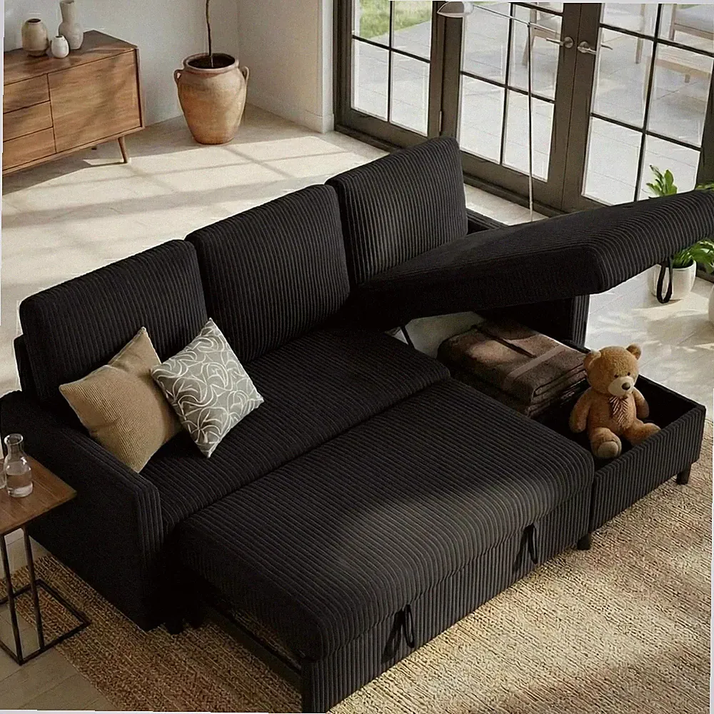 Futon Sofa Bed Convertible Couches L Shaped 4In1 Sectional Storage Chaise Black