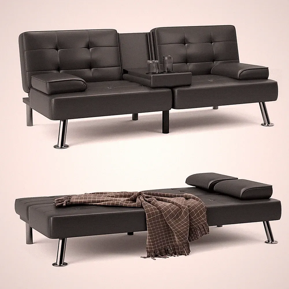 Futon Sofa Bed Convertible Folding Faux Leather Couch Sleeper 2 Cup Holders