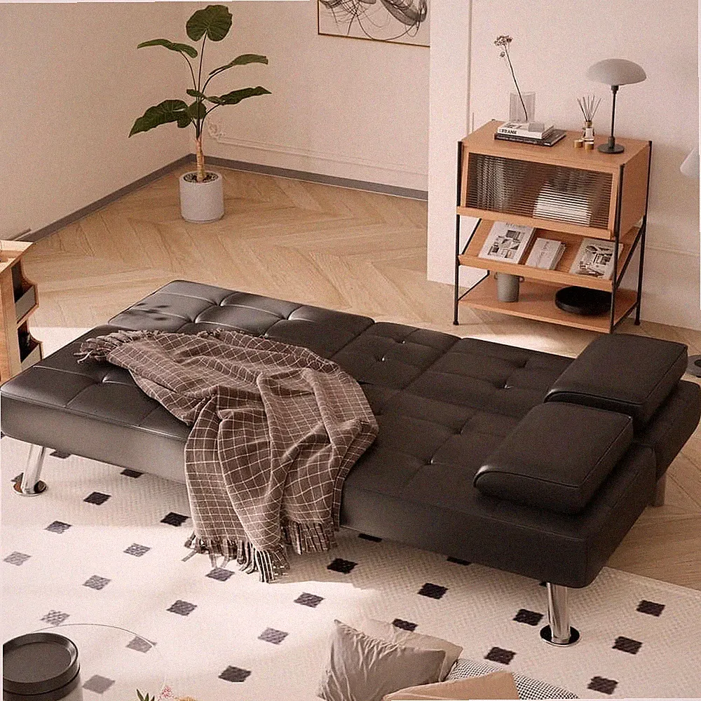 Futon Sofa Bed Convertible Folding Faux Leather Couch with 2 Cup Holders,Black