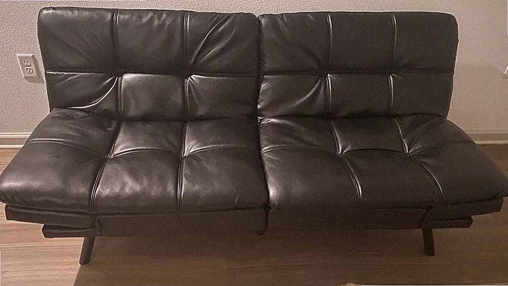 Futon Sofa Bed, Convertible, Tufted Black, Faux Leather 71x33x32 in