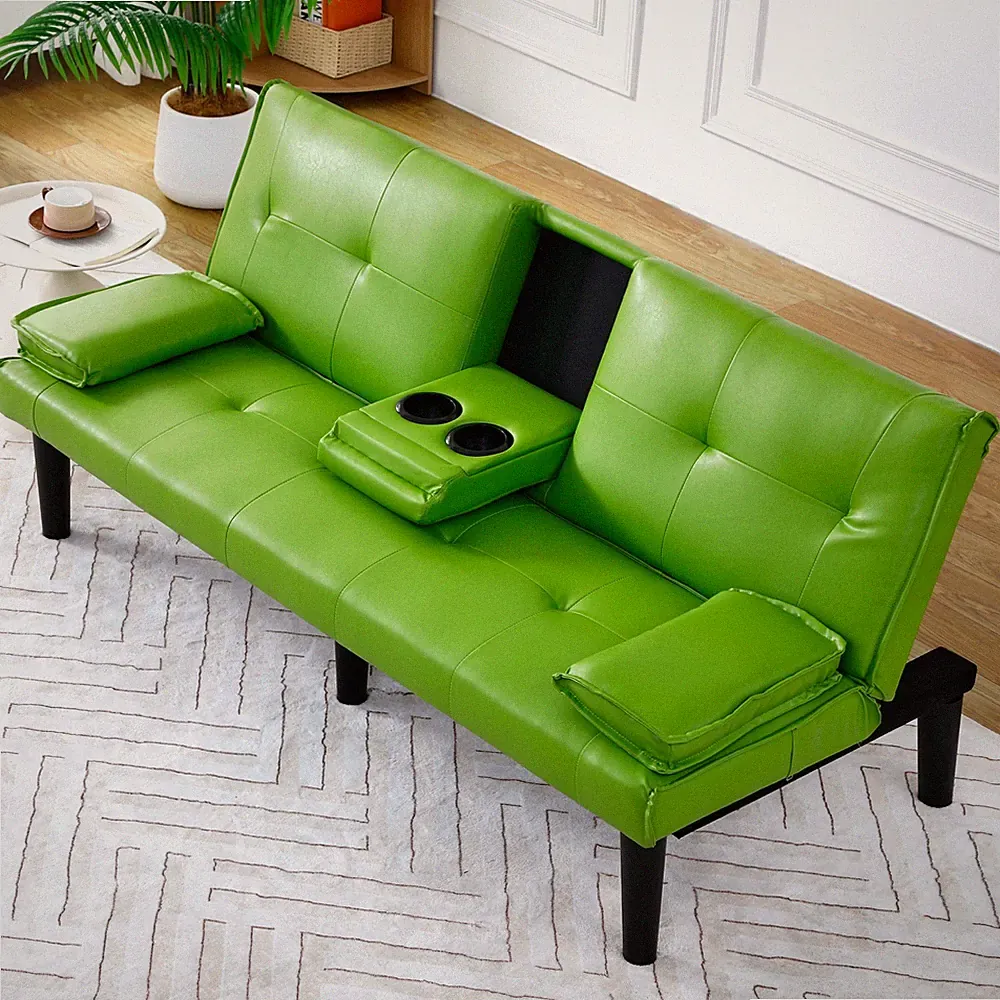 Futon Sofa Bed Faux Leather Couch Convertible Recliner Cup Holders Living Room