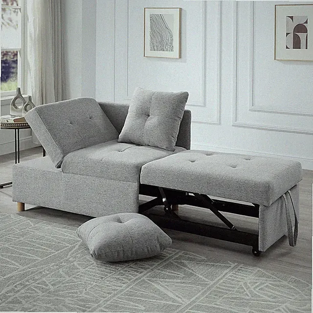 Futon Sofa Bed Gray 4-in-1 Pull-Out Adjustable Backrest Folding Convertible